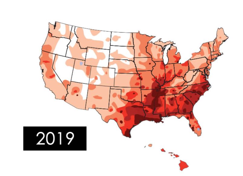 Heartworm cases by state in 2019.